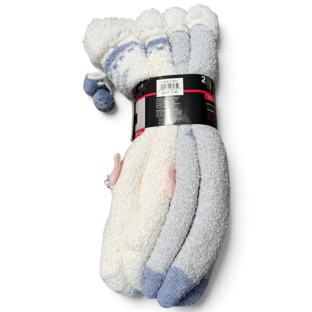Cuddl Duds Unicorn Slipper Socks Critter 2-Pack Sherpa Lined Pom Poms Size 4-10